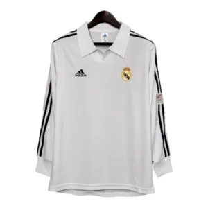 Camisa Retrô Real Madrid I 2002 manga longa - Masculina Adidas - Branca com listras pretas
